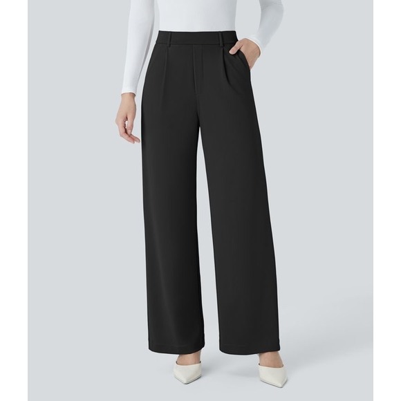 NWT Halara Flex Crepe Black High Waist Wide Leg Dress Pants Size L Career Office - Picture 1 of 16